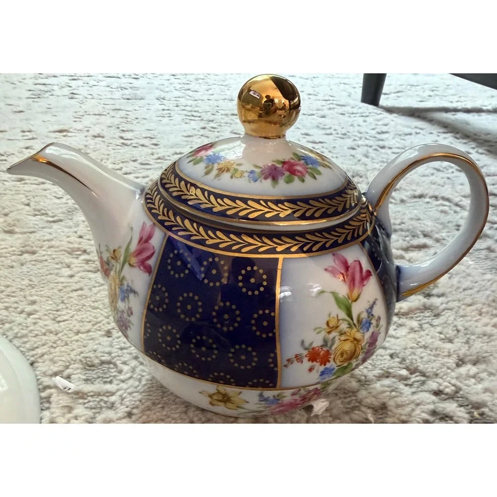 Lillian Vernon Tea for One Set Teapot Cup Saucer Cobalt Blue Floral Gold Trim